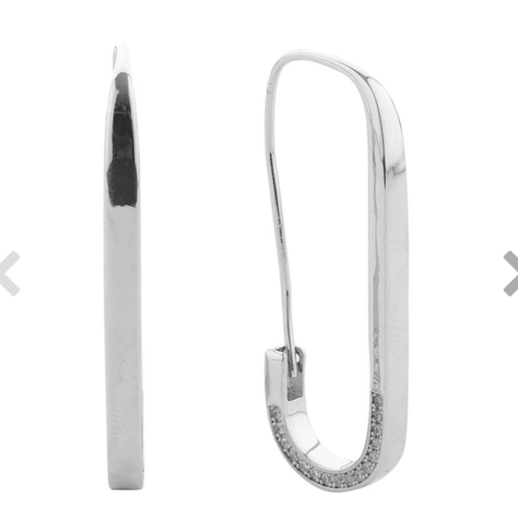 NWT White Gold Dipped CZ Stone Paved Safety Pin Hoop Earrings - Picture 1 of 2